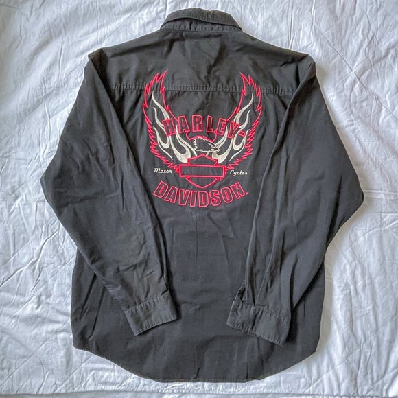Harley Davidson Work Shirt Mens L Button-Down Long Sleeve Black Red Embroidered - Picture 5 of 11